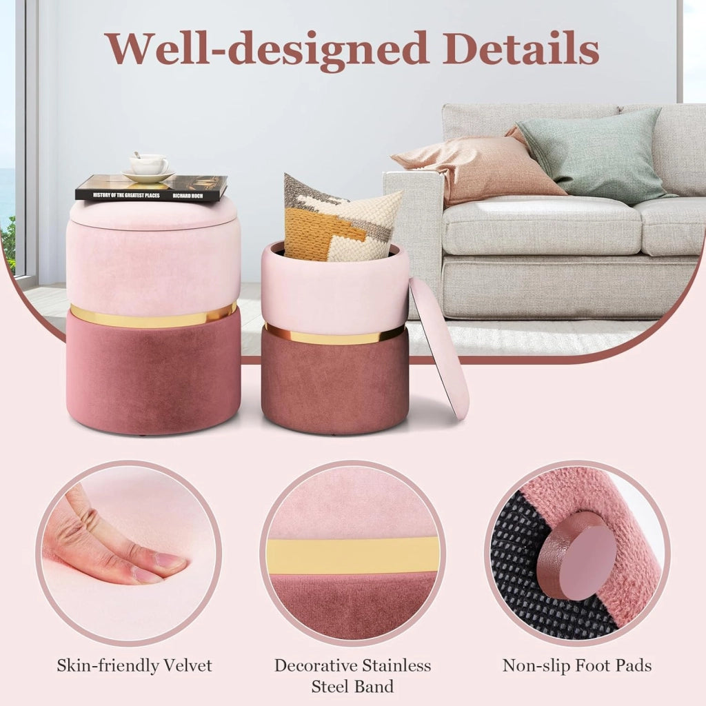 Set di 2 pouf moderni imbottiti con fascia in acciaio inox dorato e seduta imbottita, sgabello rotondo in velluto per soggiorno, camera da letto, sala trucco, rosa, 32 l + 21 l