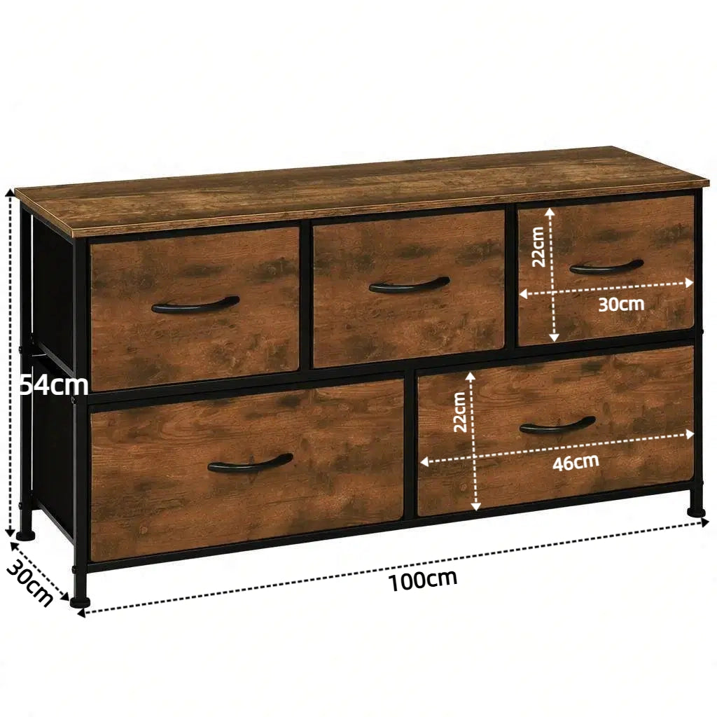 Comò con 5 cassetti in tessuto, struttura in metallo e MDF, stile vintage, per ingresso e soggiorno, 100 × 30 × 54 cm