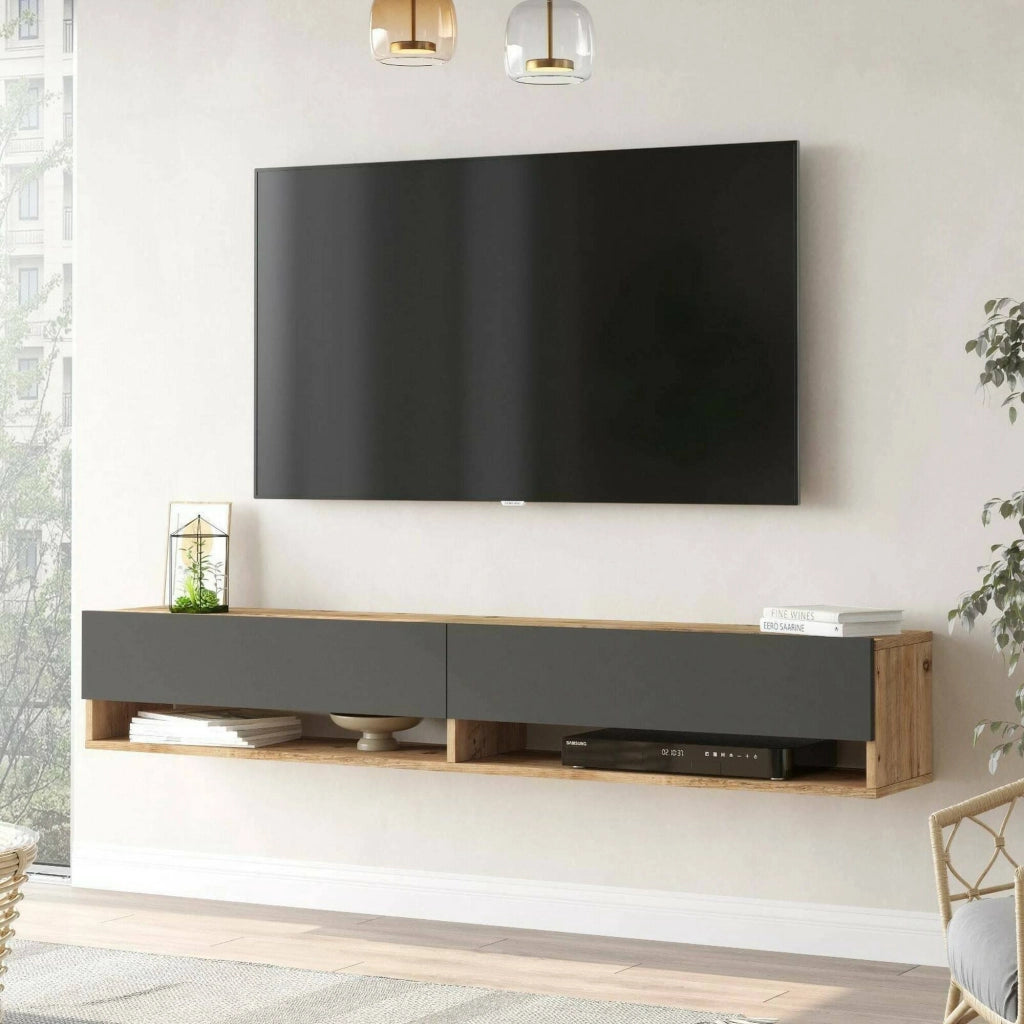 Mobile porta TV Compasso, Credenza da soggiorno, Armadio basso per TV, Base parete attrezzata, 180x32h29 cm, Quercia e Antracite