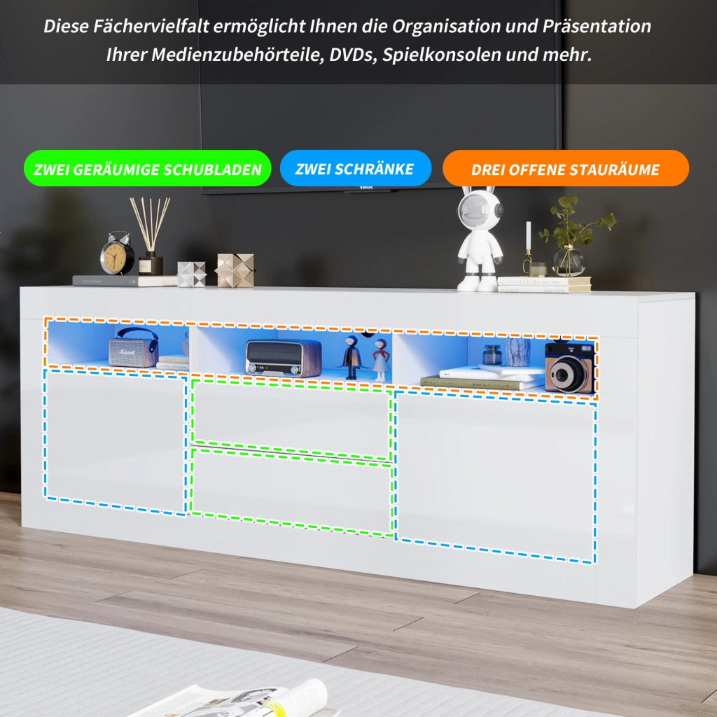 Mobile TV bianco lucido con LED, 2 ante e 2 cassetti
