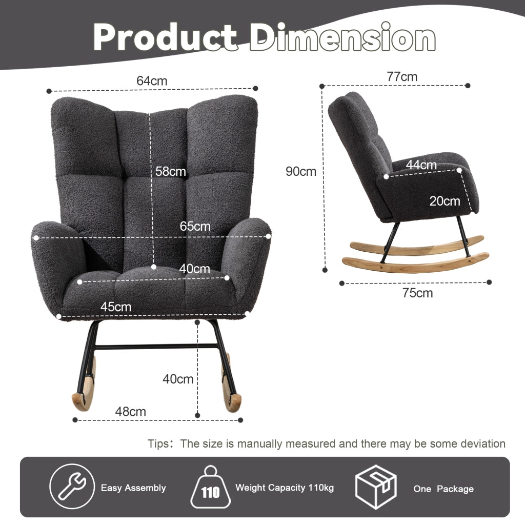 Sedia a dondolo in tessuto teddy con design ergonomico base in legno massiccio e struttura in metallo grigio