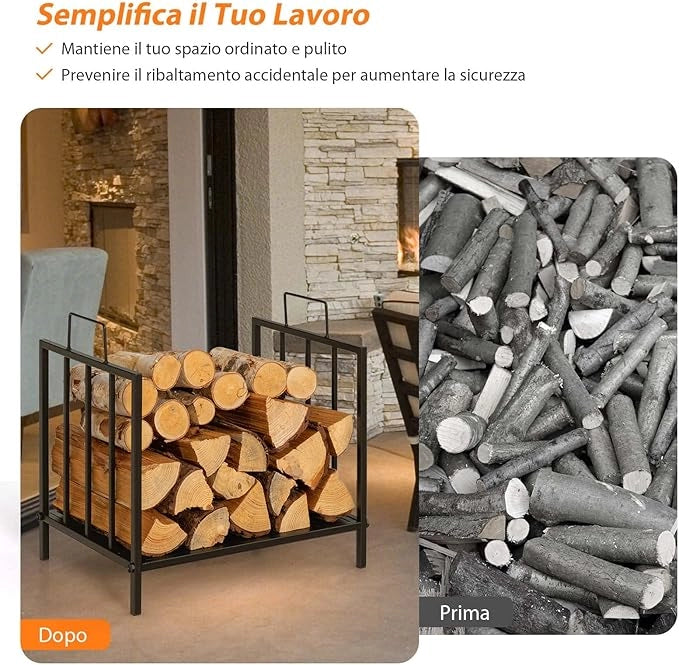 Porta Legna per Interni ed Esterni, Porta Legna per Camino con Comoda Maniglia e Piedini Rialzati, Portalegna da Ardere per Caminetti, Stufe e Focolari, Portata 50 kg (46 x 31 x 46 cm)
