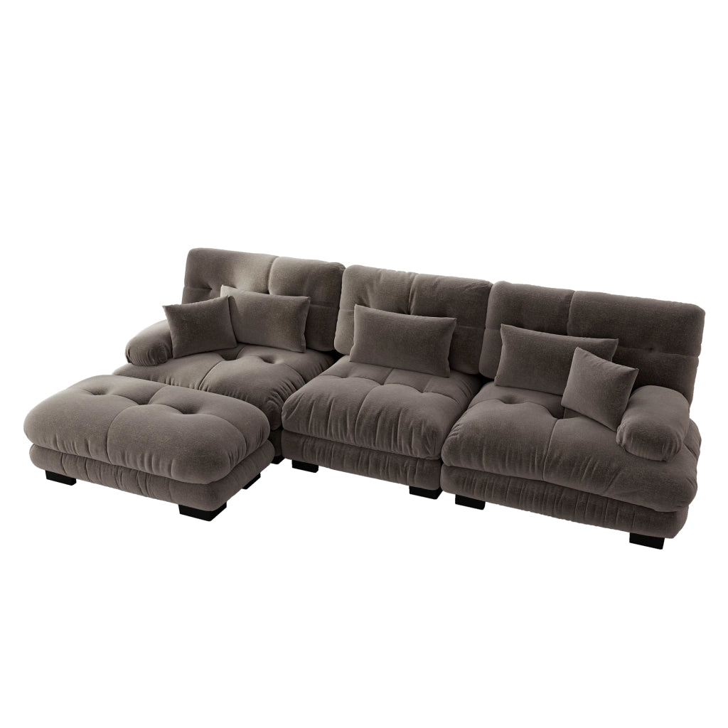 Divano angolare modulare in chenille con pouf seduta profonda schienale ergonomico e cuscini per soggiorno marrone
