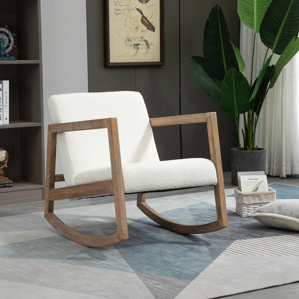 Sedia a dondolo poltrona relax con cuscino imbottito e struttura robusta in legno e poliestere bianco crema