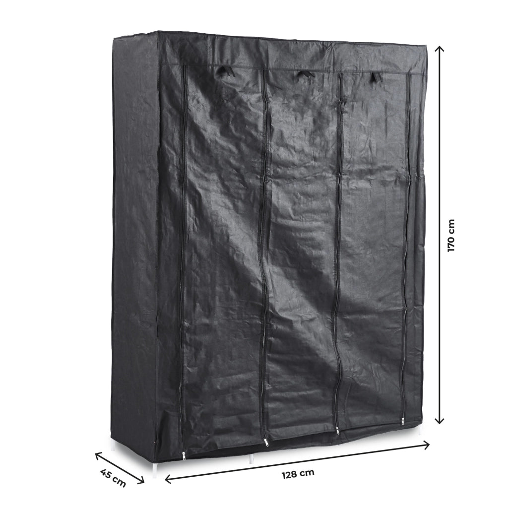 Armadio Guardaroba in Tessuto 128x45x170 cm con Ripiani e Barra Appendiabiti, Struttura in Metallo, Chiusura con Zip, Colore Nero