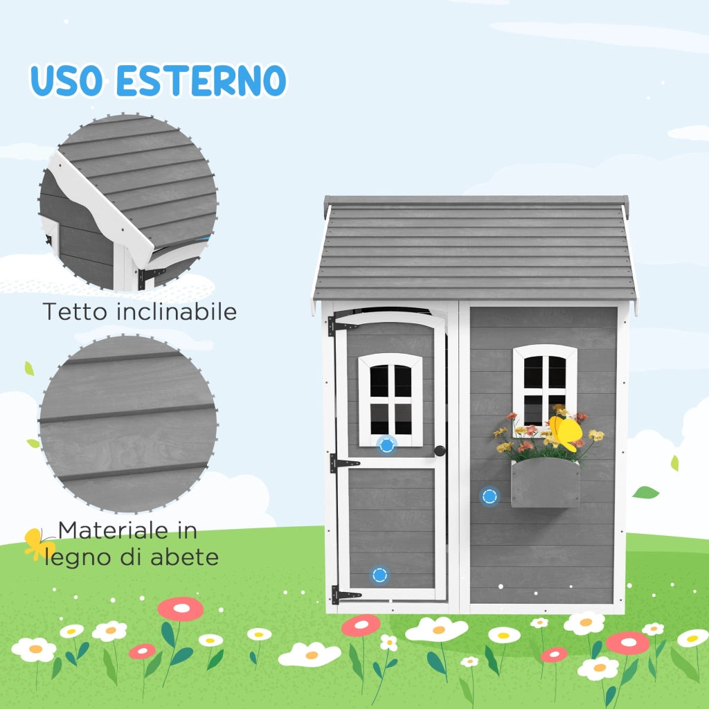 Casetta per Bambini 3-8 Anni con 6 Finestre e Fioriera 104,5x110x137 cm in Legno di Abete Grigia