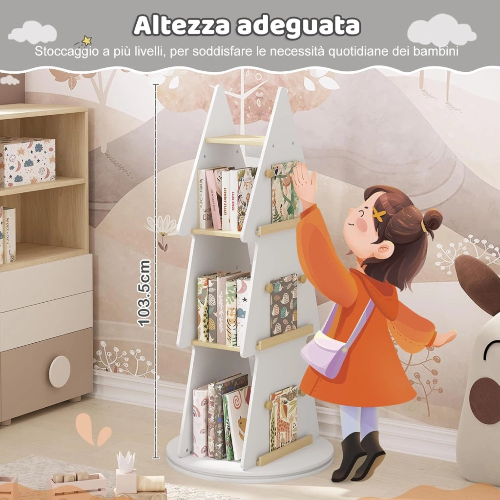 Libreria per Bambini, Libreria Rotante a 4 Ripiani, Porta Libri per Bambini ad Albero, Libreria Girevole per Cameretta, Nido Asilo, Scaffale Bianco, in Legno, Ø48x103,5cm
