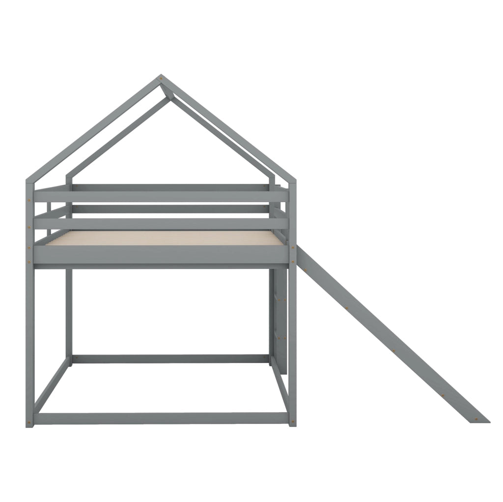 Letto a castello a casetta 140x200 cm con scivolo e scala; legno di pino; grigio