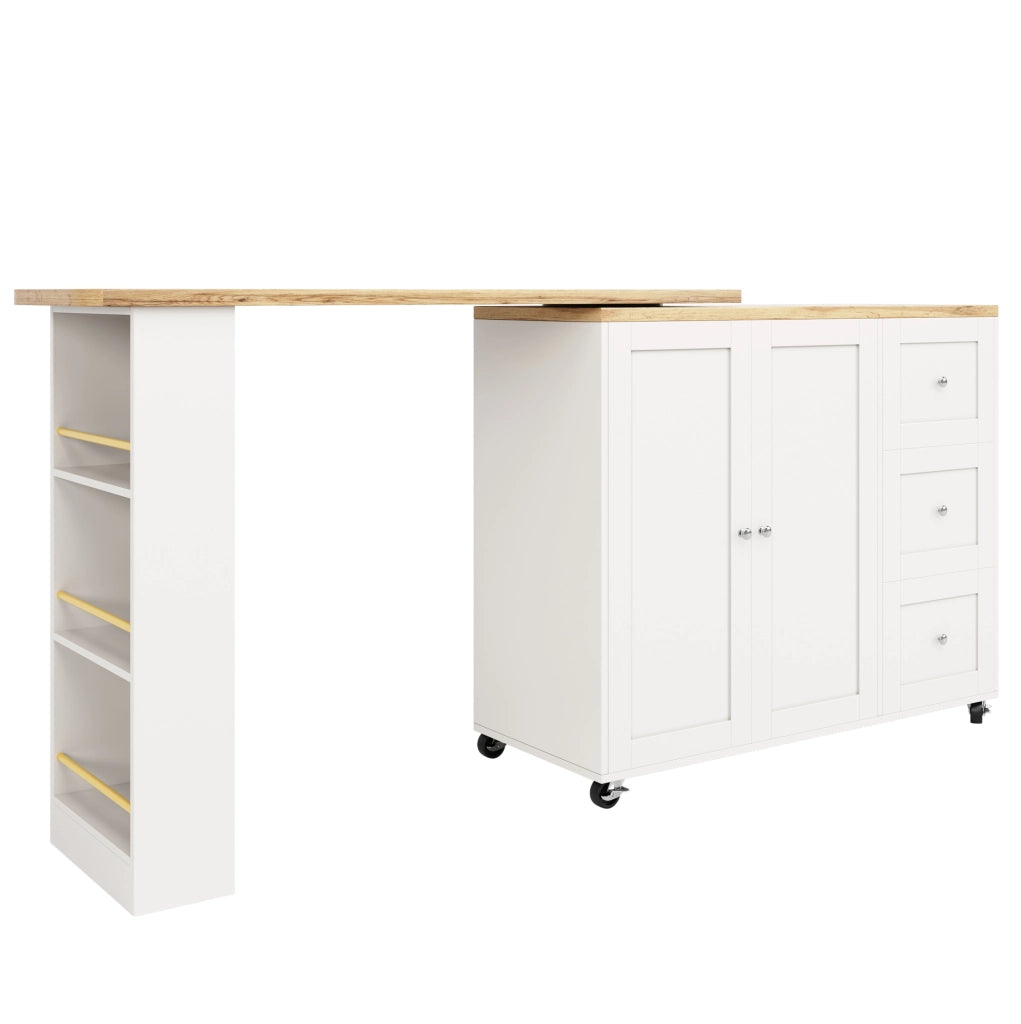 Isola cucina 203x39x104 cm girevole con ruote e ripiani in MDF bianco