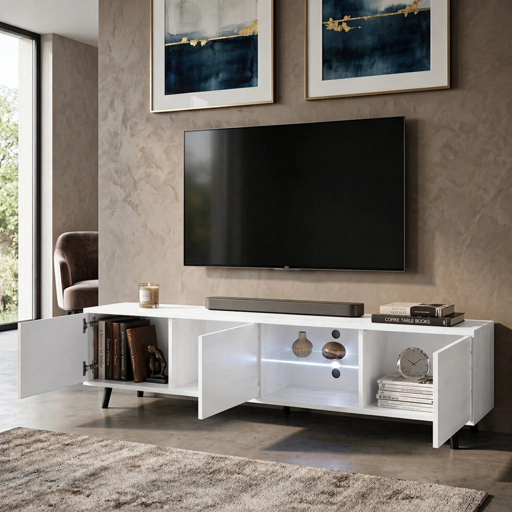 Mobile TV L Con Vano Centrale Ripiano In Vetro E LED 3 Ante Battenti In Melaminico Con Piedini In Metallo Per Soggiorno Salotto Zona Living 175 X 40 X 31.5 Cm Bianco