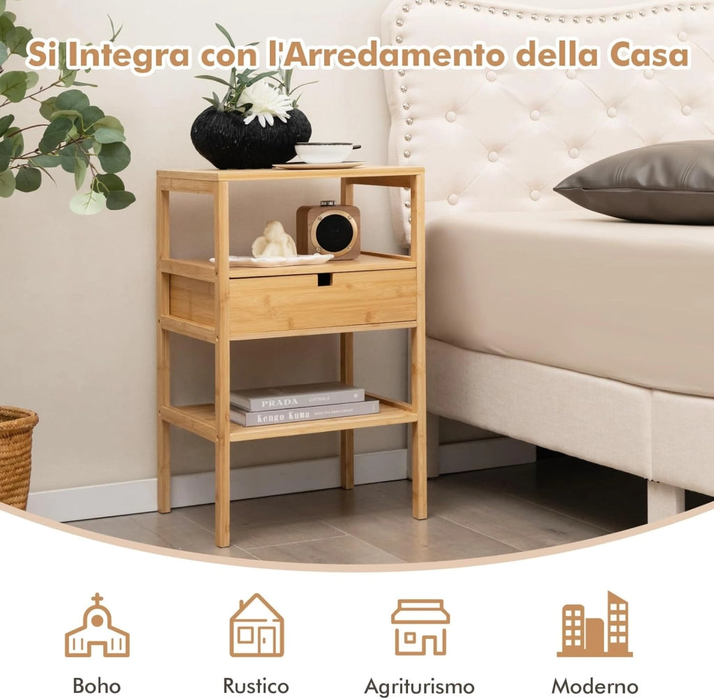 Comodino Tavolino con Cassetto e 3 Ripiani, Comodino Camera da Letto in Bambù, Comodino Salvaspazio Classico, per Soggiorno, Ufficio e Bagno, 40 x 40 x 68 cm (1)