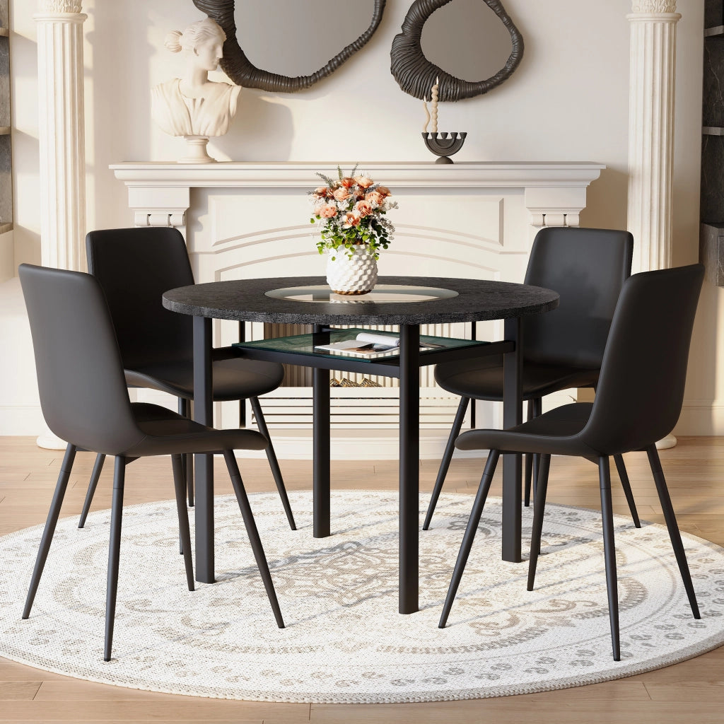 Tavolo da pranzo rotondo con 4 sedie in PU, piano in MDF con inserto in vetro e ripiano in vetro, nero marrone Ø 100 cm