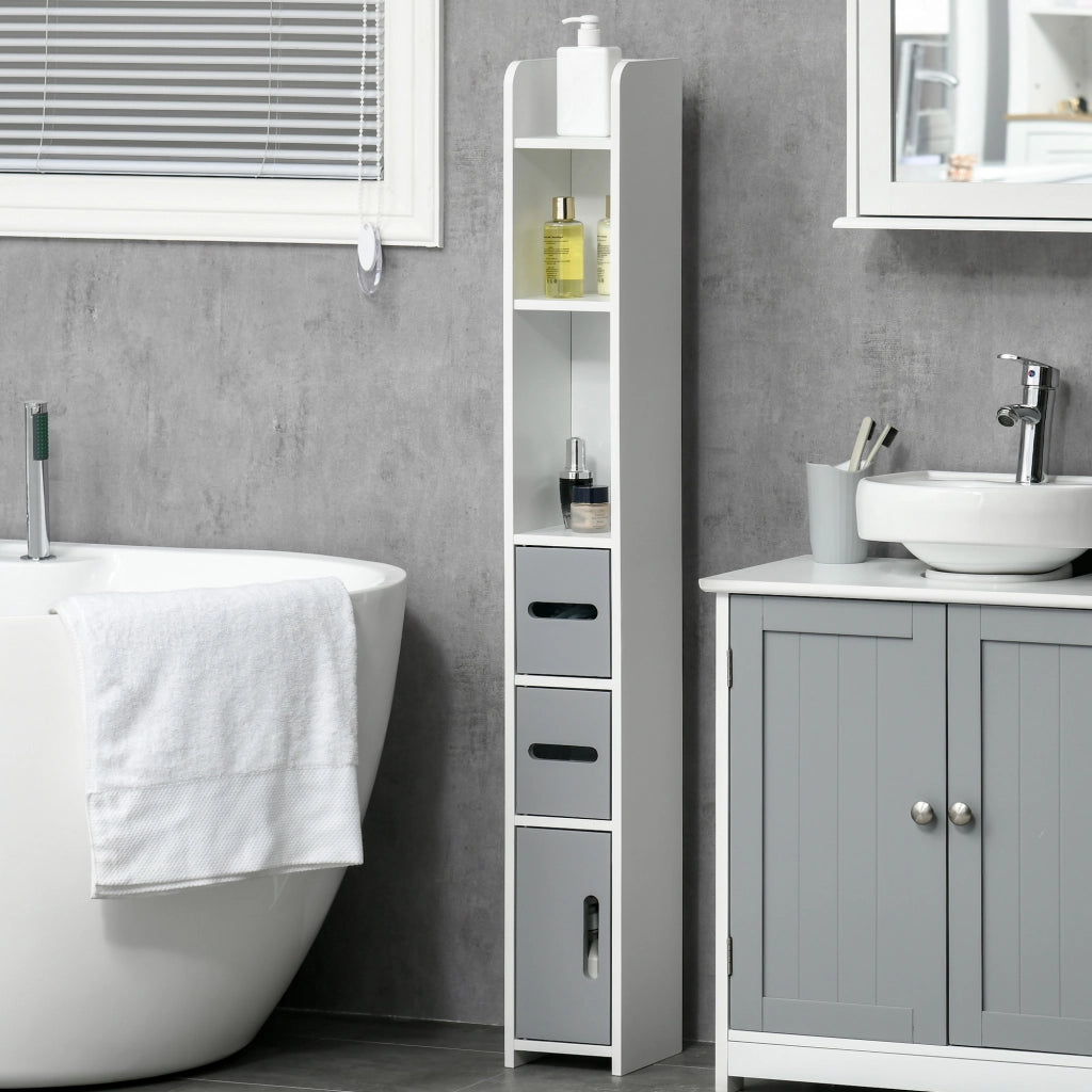 EasyComfort Colonna Bagno con Mensole e Armadietti, Mobile Alto Salvaspazio in Legno 15x17x120cm, Bianco e Grigio
