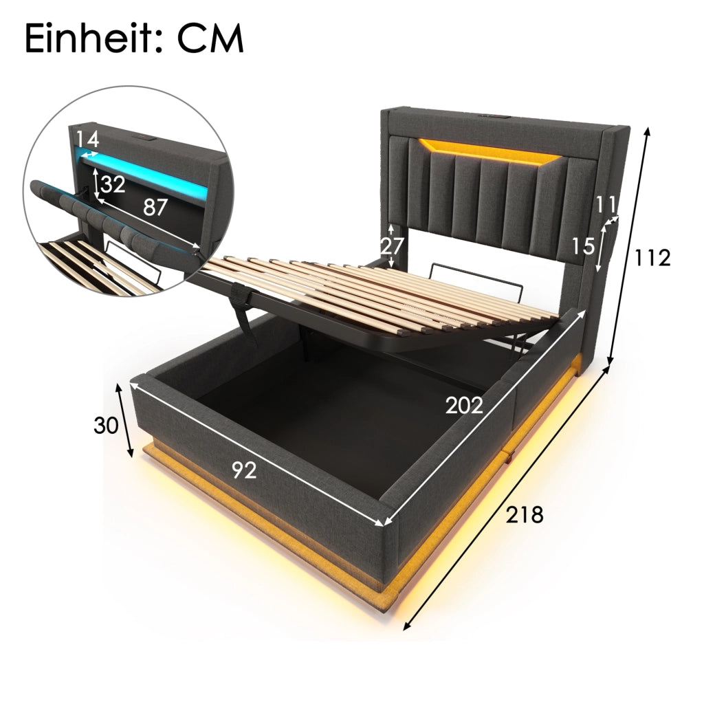 Letto singolo 90x200 con LED, testiera contenitore e porte USB