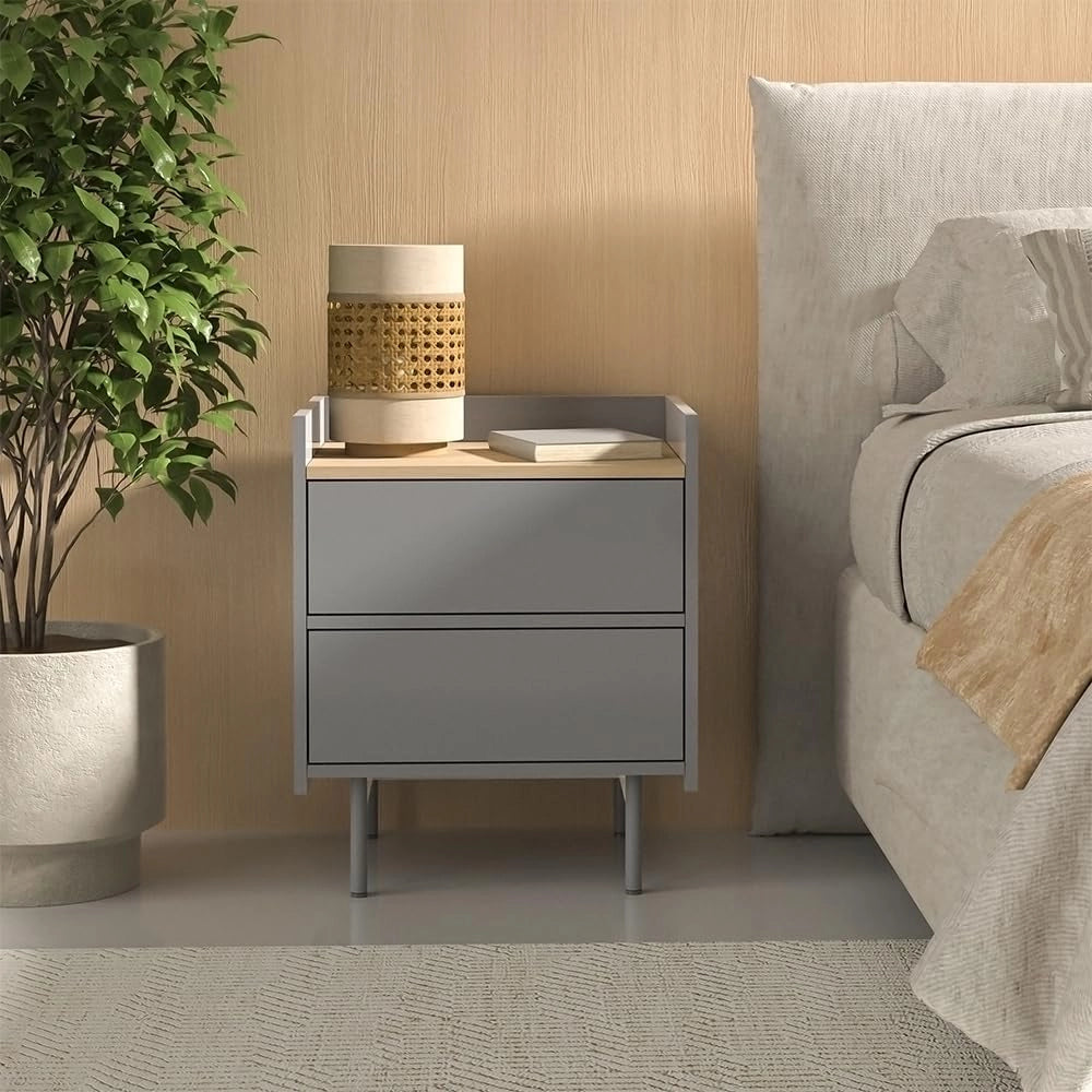 Comodino camera da letto Velina, Grigio/quercia, 48 x 58 cm con 2 cassetti