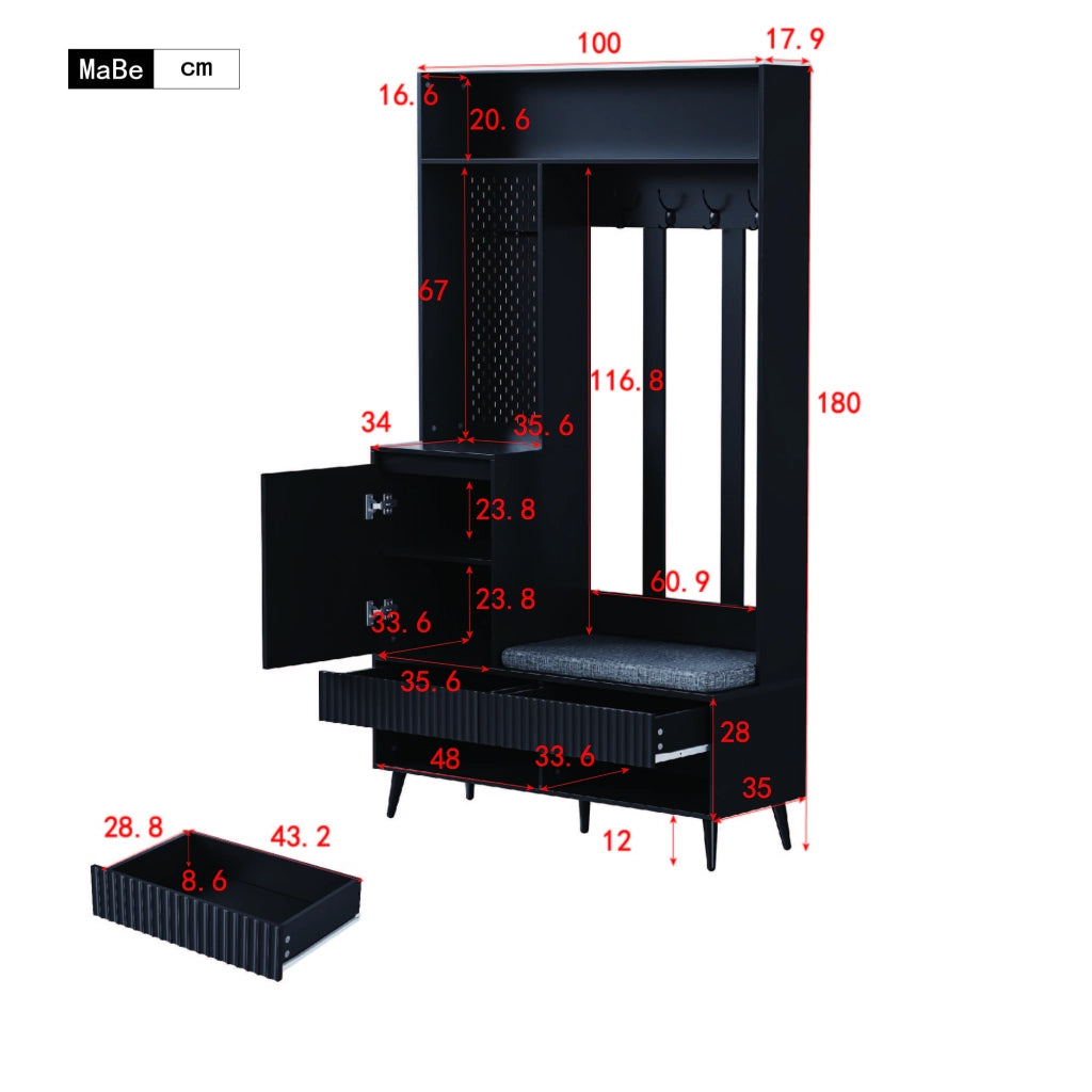 Mobile ingresso multifunzione con panca, 4 ganci, 2 cassetti e vano contenitore, nero, 100 x 35 x 180 cm