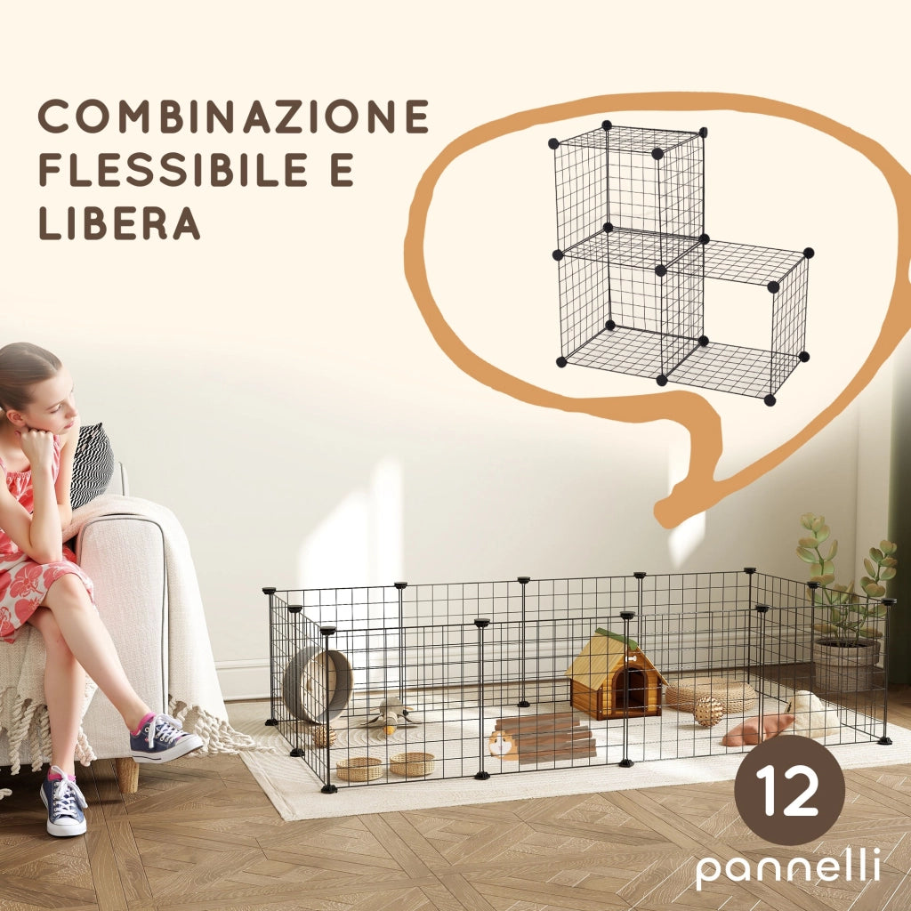 EasyComfort Recinto per Animali di Piccola Taglia Modulabile con Pannelli e Accessori, Gabbia per Ricci da Interno in Metallo, per Porcellini d'India e Ricci, 106x73x36 cm, Nero