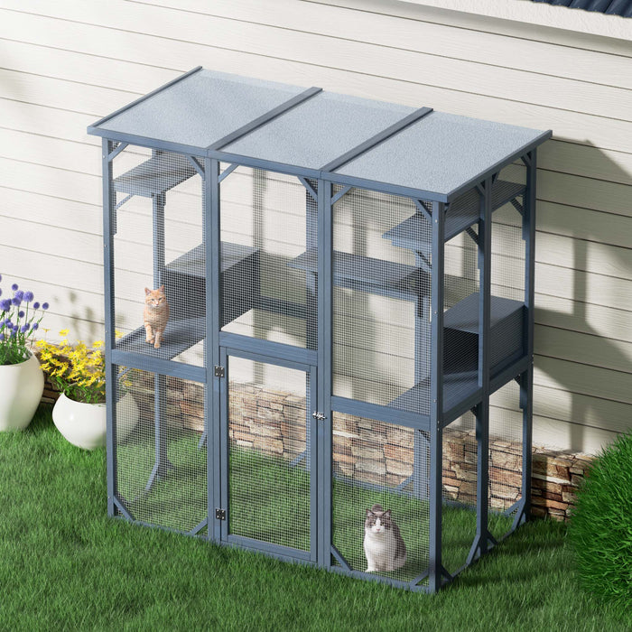 Recinto per gatti da esterno 1705 x 925 x 1810 mm, recinzione antifuga in legno con tetto in asfalto, diversi livelli, per giardino, balcone, terrazzo