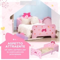 Letto per Bambini con Sponde e Fantasia a Fiocchi e Cuori, Età 3-6 Anni, 143x74x59cm, Rosa