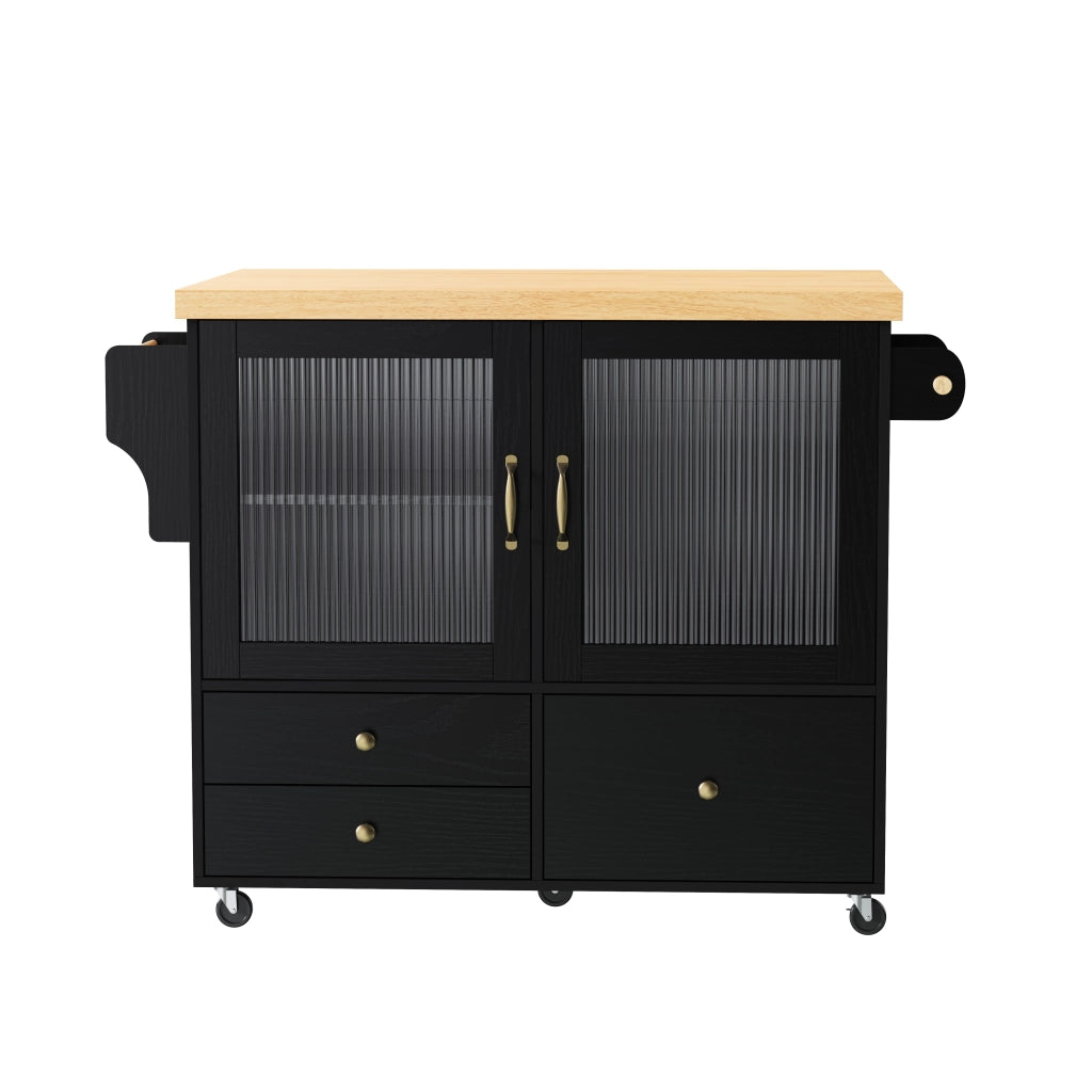 Mobile cucina con ruote e tavolo estraibile - Zephmum - Portabottiglie e spazio di archiviazione, nero