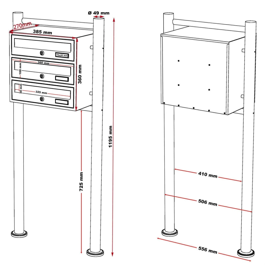 Blocco di 3 cassette postali con supporto 3 scomparti sovrapposti acciaio zincato 36 x 38,5 x 27 cm antracite 16_0000028