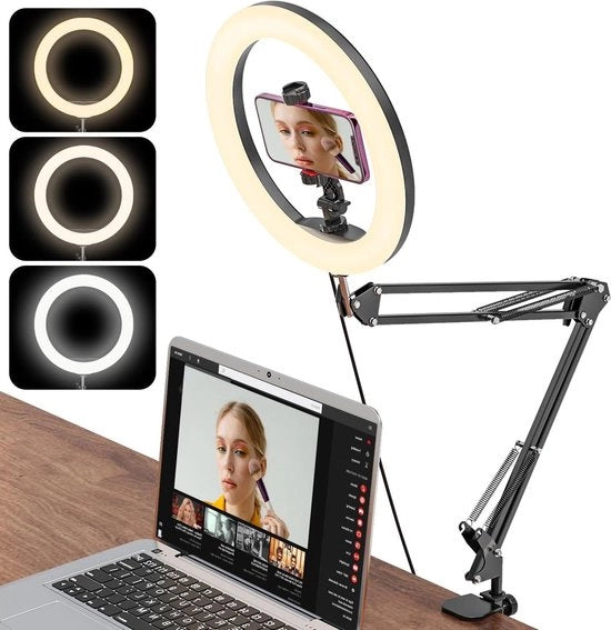 10 pollici di ringlight con treppiede per smartphone - ringlight LED regolabile con treppiede per videoconferenze - 3 colori di luce + 10 livelli di luminosità per YouTube.