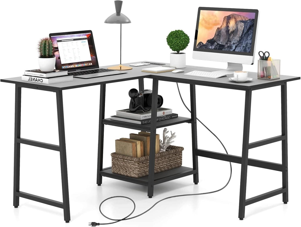 Scrivania per computer a forma di L da 120 cm, con stazione di ricarica, tavolo ad angolo con 2 ripiani aperti, scrivania per studio, ufficio (nero)