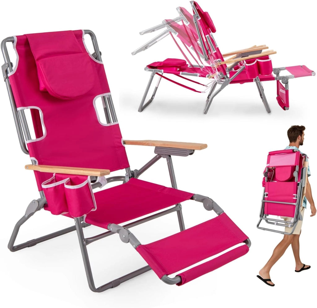 Sedia da spiaggia reclinabile con foro per il viso, sdraio pieghevole con schienale regolabile in 4 posizioni e poggiapiedi a 2 posizioni, lettino da giardino esterno, bagno di sole (rosso)