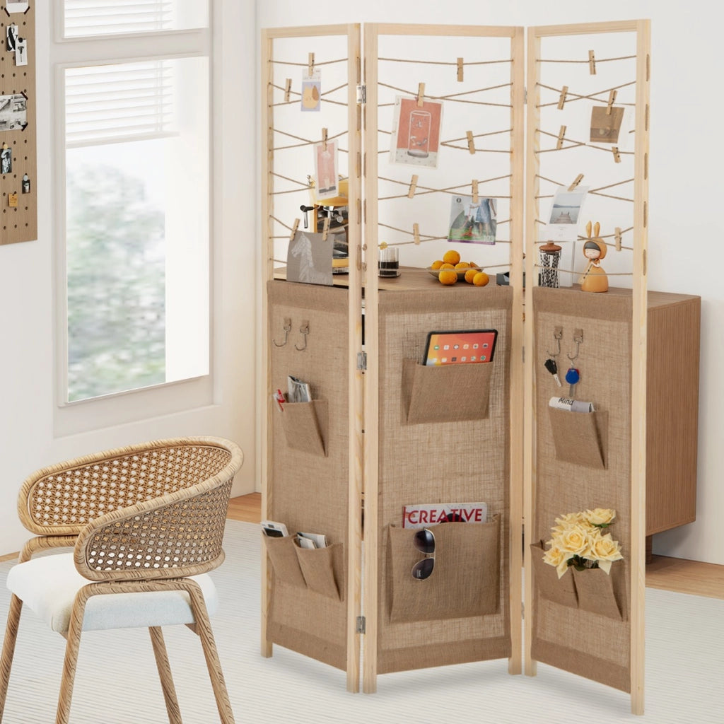 Espositore pieghevole con 8 tasche corde di iuta in bamb¨´-Paravento-Divisorio a 3 pannelli separatore di spazio in legno boho per casa Naturale