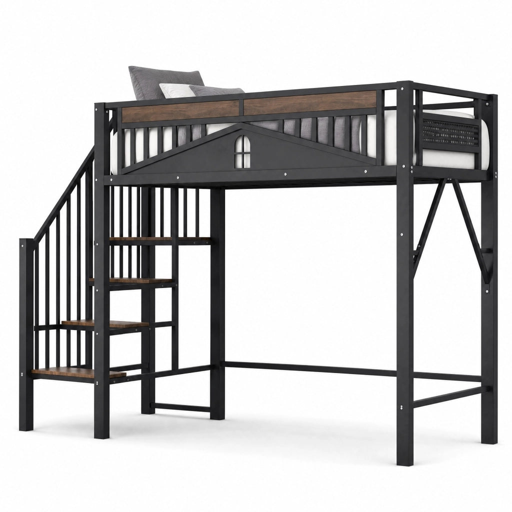 Letto a soppalco in metallo 90x200 cm con scala laterale e spazio contenitivo; nero