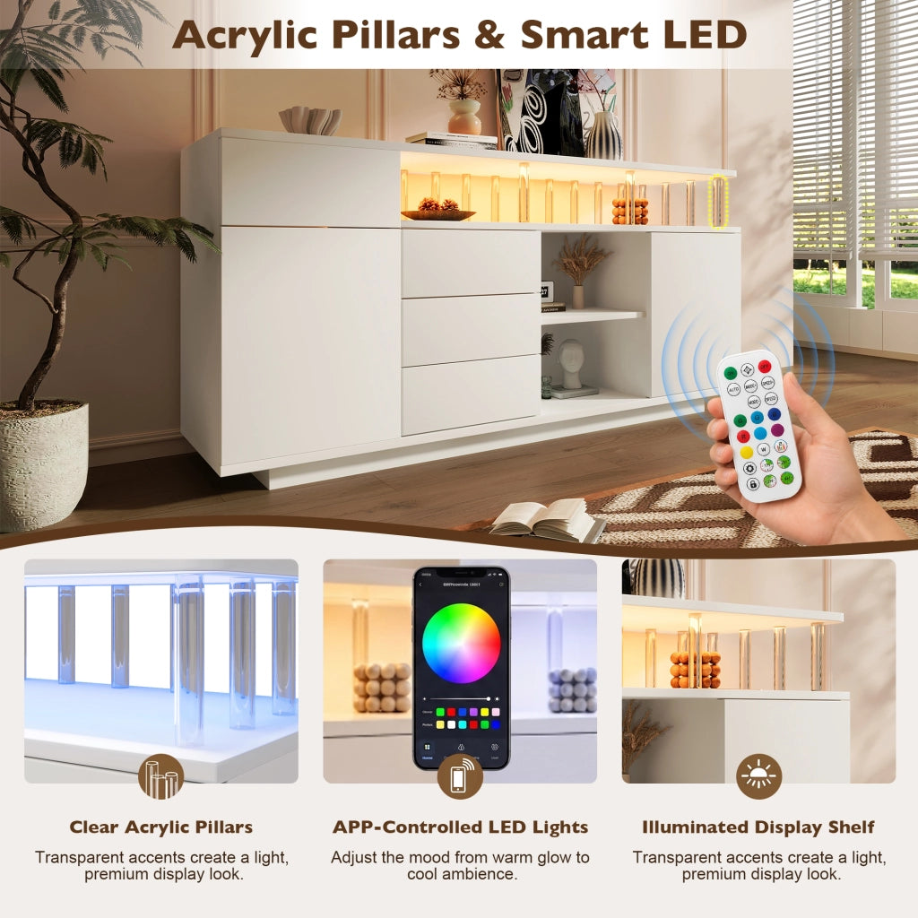 Credenza con LED, 4 cassetti, 2 ante e ripiani regolabili, per soggiorno cucina e ingresso, 160 × 40 × 75 cm