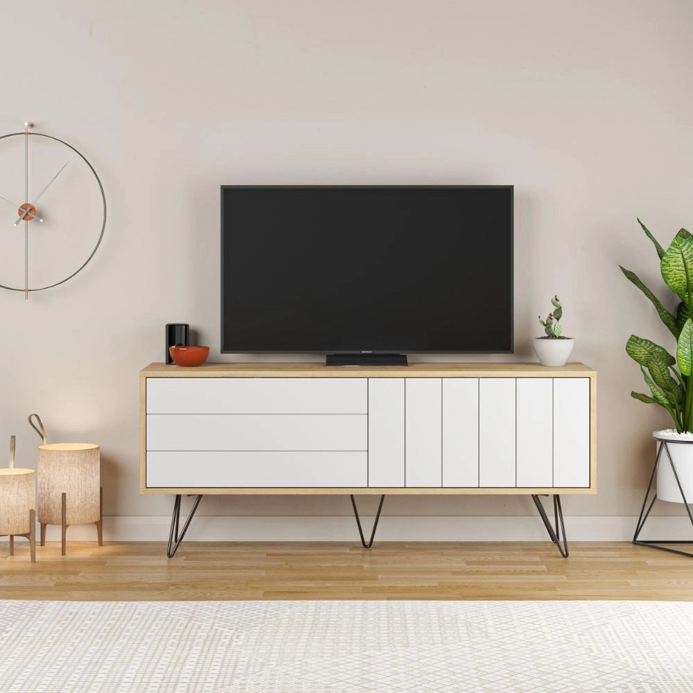 Porta tv Picadilly struttura rovere con 2 ante a ribalta bianche 139.6x35.6x57.5H