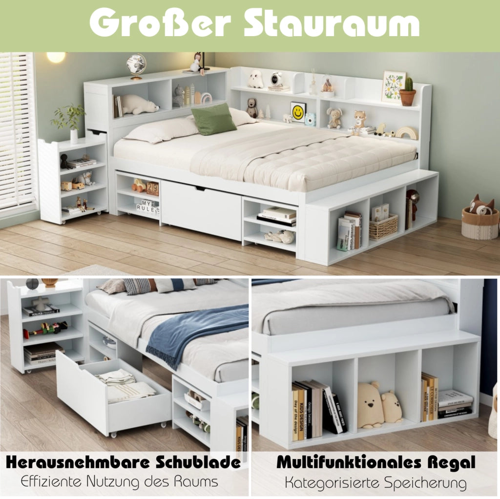 Letto per bambini 90 x 200 cm con cassetti, libreria e armadi bianchi