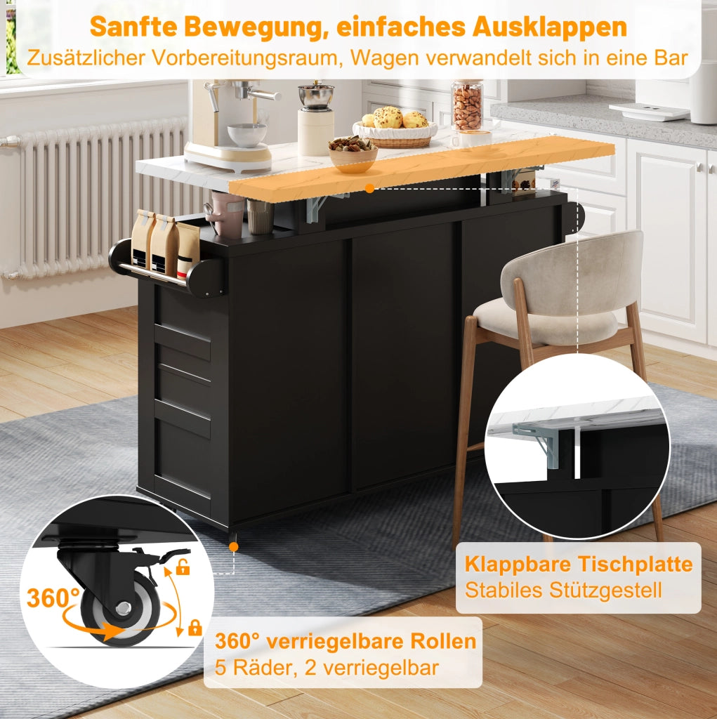 Isola cucina con piano ribaltabile 138x60x93 cm in MDF nero; LED RGB; 2 porte e 3 cassetti