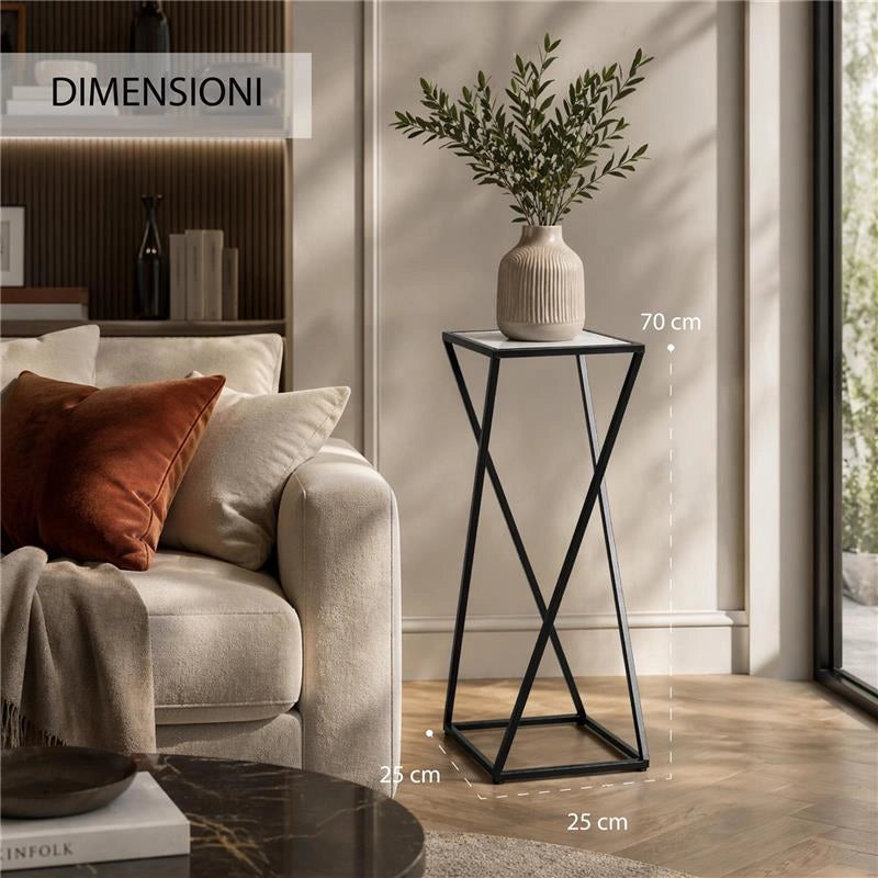 TAVOLINO A COLONNA CON STRUTTURA IN METALLO NERO E TOP IN MDF EFFETTO MARMO BIANCO MISURE: 25X70CM
