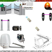 Automazione Cancello Kit Motore a Braccio Articolato 220/24 V Anta da 0,5 a 2,5 MT Elettroserratura Selettore Faro 2 Paline 2 Fotocellule 2 Radiocomandi