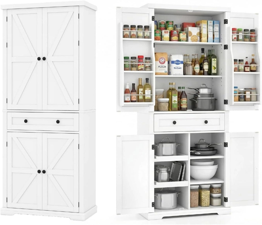 Credenza Alta da Cucina con Ripiano Regolabile, Mobile Buffet con Cassetto, Vassoi Scorrevoli e Ante, Armadio Dispensa per Soggiorno, Sala da Pranzo, 77 x 40 x 184 cm (In 2 Scatole) (Nero)