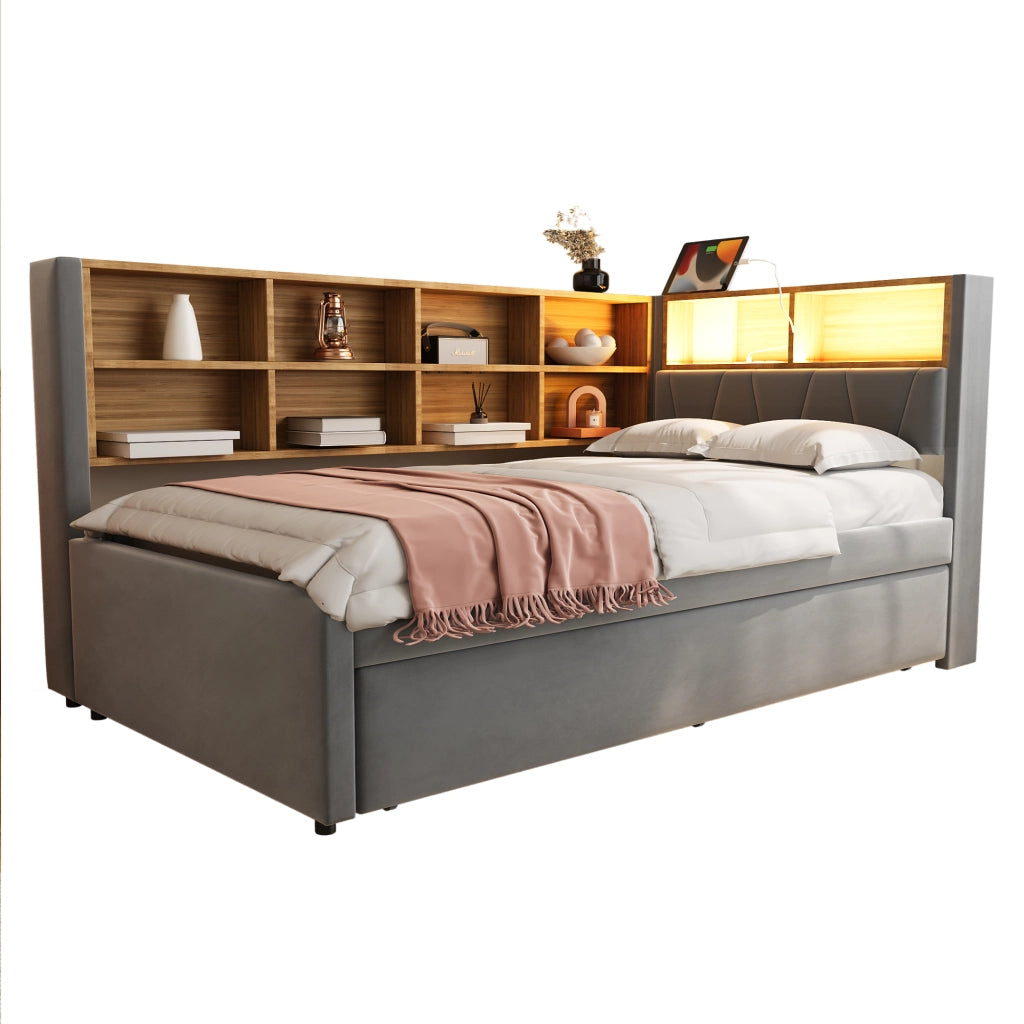 OKWISH Letto Divano Estraibile 90×200 cm, Letto 2 Posti con LED, USB, Tipo C e Prese, Scomparti, senza Materasso, Flanella, Grigio Scuro