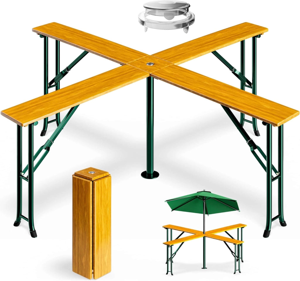 Tavolo Quattro XXL Alto Set Birreria 20 Persone con Supporto Ombrellone Pieghevole Legno Fiere