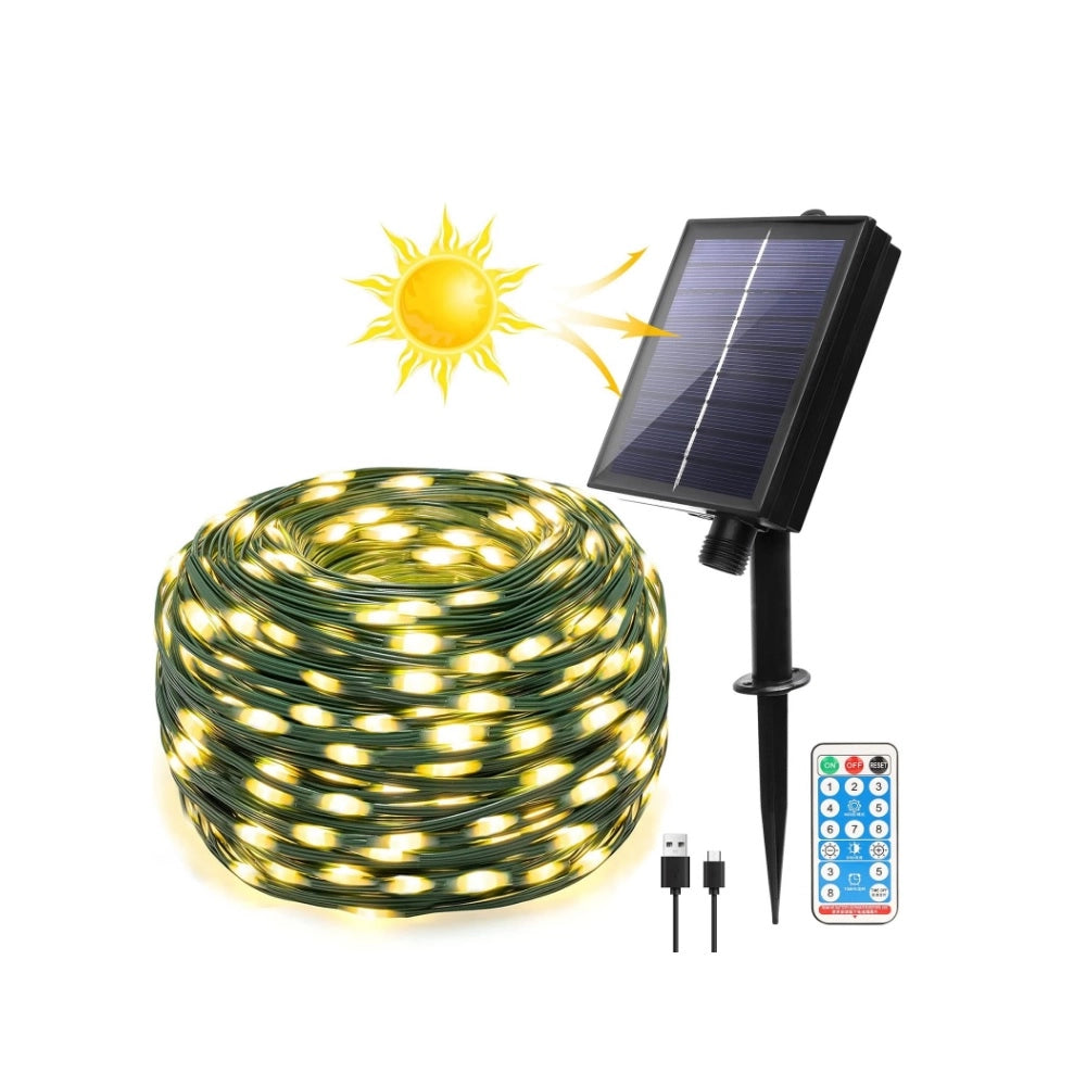 Luci di Natale catena da esterno 30 mt di 300 micro LED a ricarica Solare e USB luce Calda cavo Verde