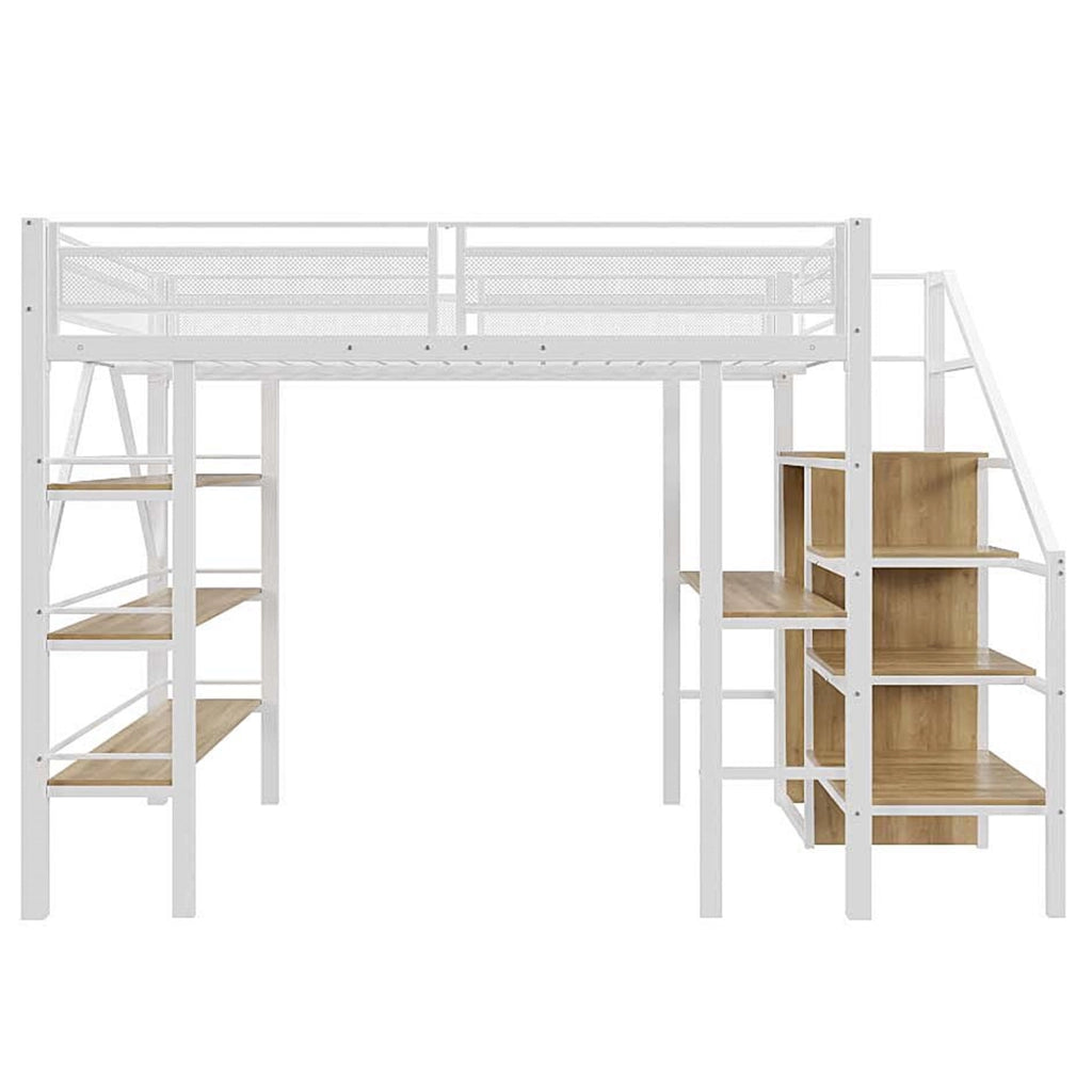 Letto alto bianco in metallo con scrivania armadio e scaffali a tre livelli 140x200 cm