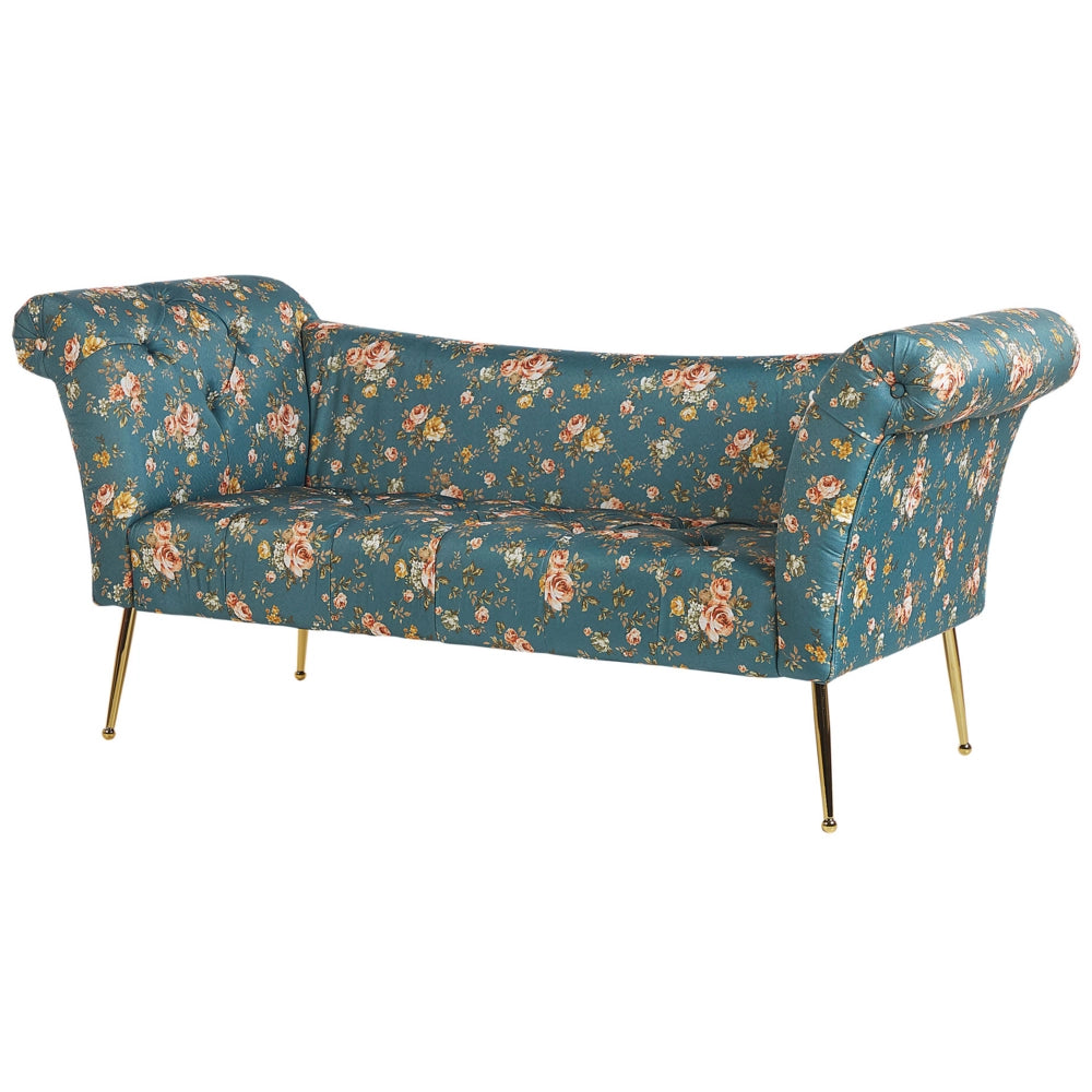 Chaise longue con rivestimento in tessuto blu sedile capitonné a doppia estremità con gambe in metallo dorato