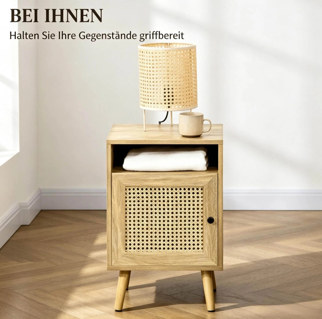 Set di 2 comodini con anta in rattan, MDF e truciolare, colore naturale