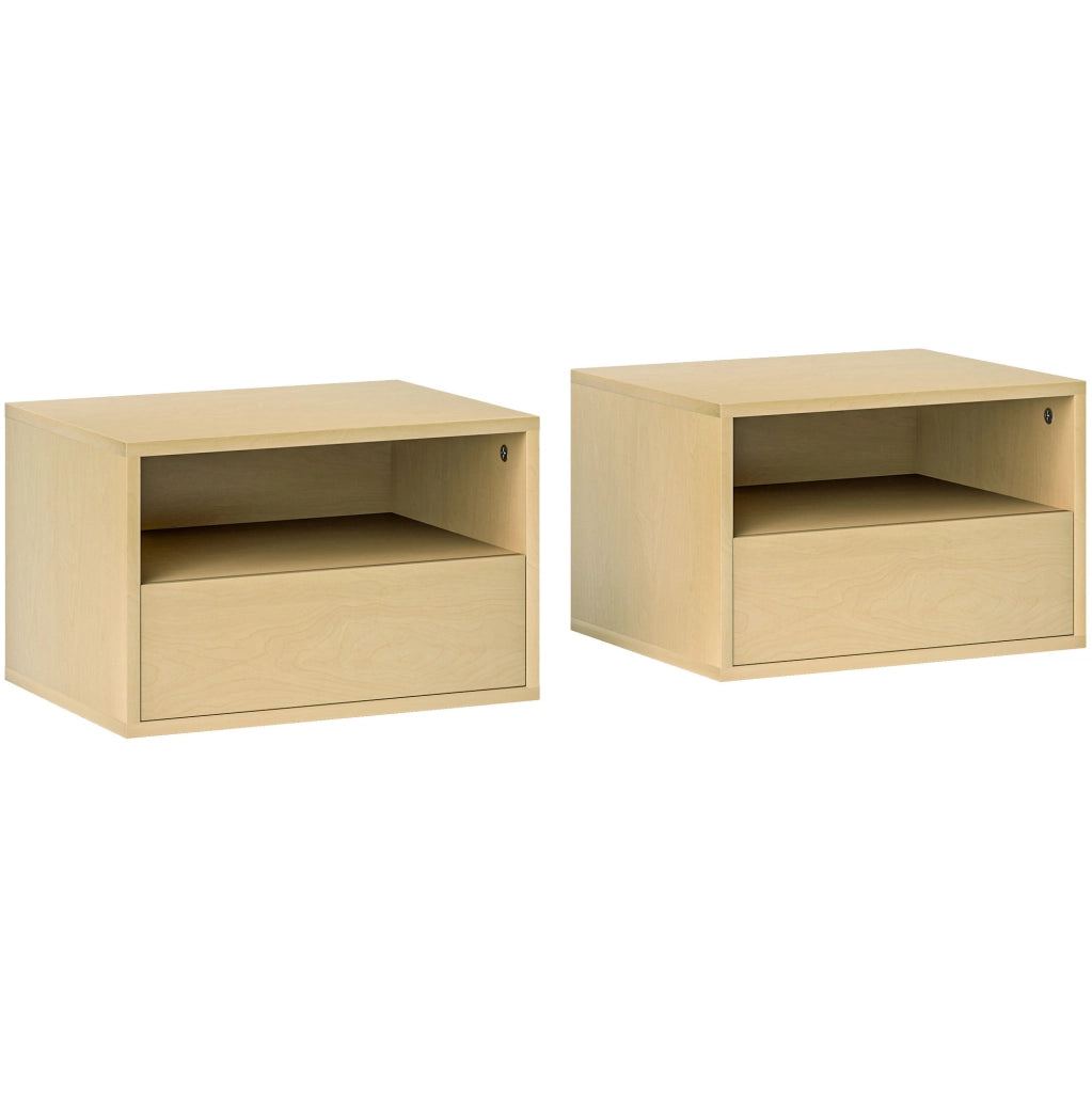Comodino sospeso 45x35x27.5 cm con cassetto e ripiano aperto in legno naturale