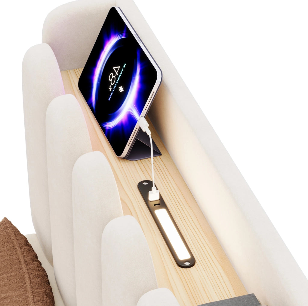 Letto imbottito per bambini 90x200 cm in velluto beige con rete a doghe; USB; Type-C e luce notturna