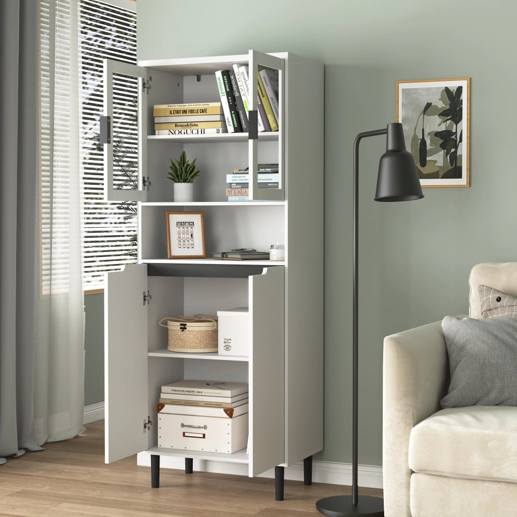 OKWISH Libreria con 4 Ante, 2 Ante in Vetro Temperato e Ripiano Regolabile, per Soggiorno, Studio o Camera, Bianco