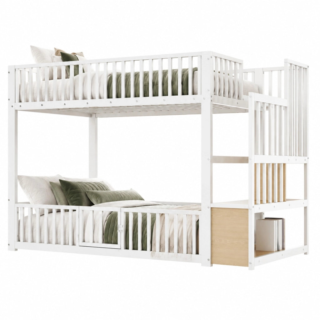 Letto a castello due posti 90 × 200 cm con scala contenitore e LED in MDF e metallo bianco