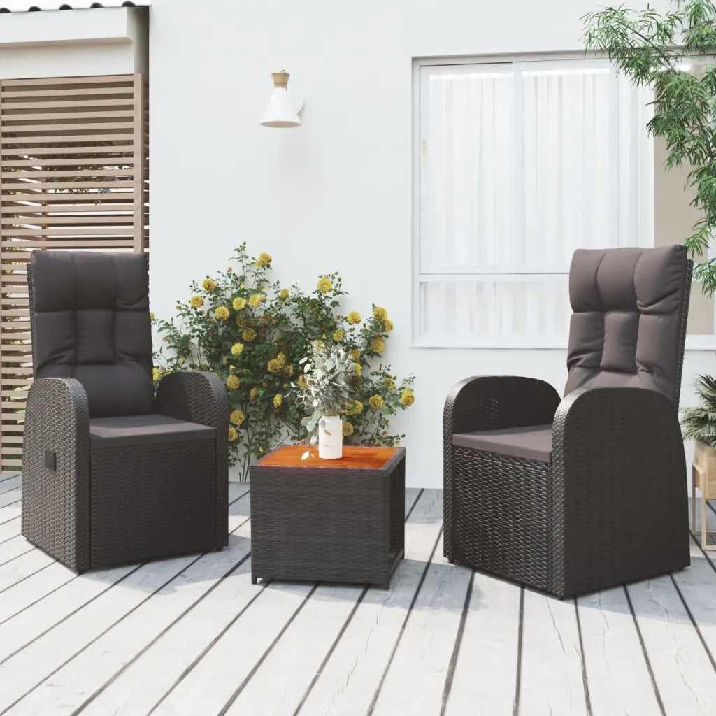Set Mobili Giardino 3pz | Set Salotto da Giardino Nero Polyrattan e Legno Massello Acacia