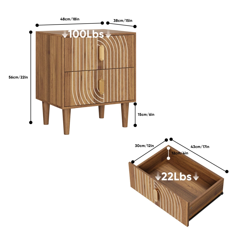 Comodino ULEVR in MDF marrone noce con 2 cassetti, inserti geometrici e gambe in legno