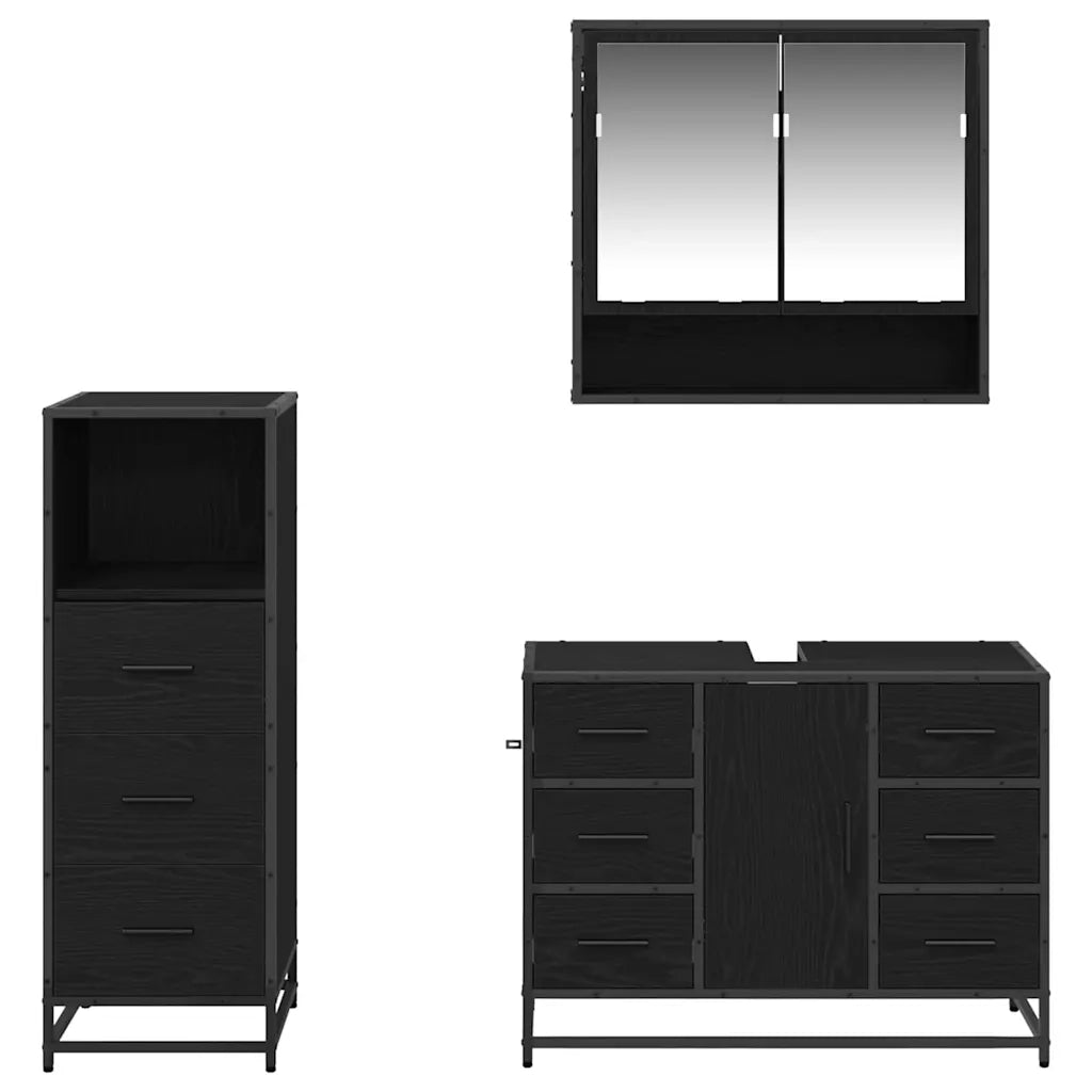 Set di mobili per il bagno 3 pcs Rovere Nero Legno multistrato